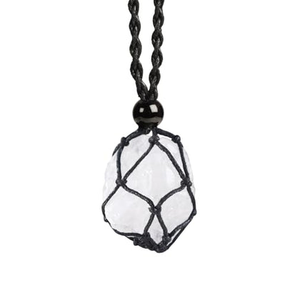 Natural unprocessed crystal raw stone hand woven rope adjustable necklace pendant for both men and women - color: A-Clear Quartz