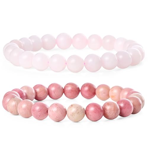 Bivei Natural Gemstone Semi Precious Healing Crystals Handmade Stretchy Round Beads Bracelet,Stocking Stuffers for Women Enhance Positive Energy - color: 8mm Rose Quartz & Rhodochrosite (Self Love), size: Large: 8-8.26 inch