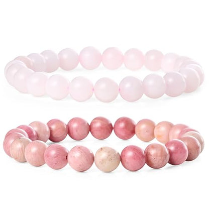 Bivei Natural Gemstone Semi Precious Healing Crystals Handmade Stretchy Round Beads Bracelet,Stocking Stuffers for Women Enhance Positive Energy - color: 8mm Rose Quartz & Rhodochrosite (Self Love), size: Large: 8-8.26 inch