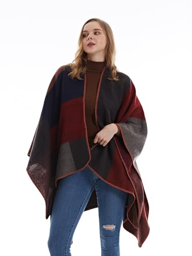 MissShorthair Women's Printed Shawl Wrap Fashionable Open Front Poncho Cape, Gift for Women - color: A-reddish Brown