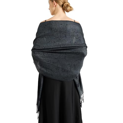 Silky Paisley Pashmina Shawl Scarf-Women's Soft Double-side Jacquard Pashminas Wrap for Evening Dress Travel Shawl - color: A-black Charcoal Gray