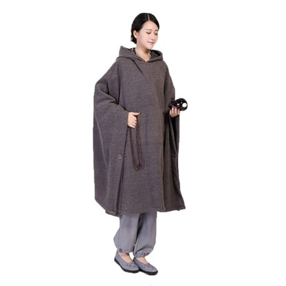 Unisex Meditation Buddhist Cloak Autumn Winter Warm Hooded Oversize Coat - color: Gray, size: X-Large