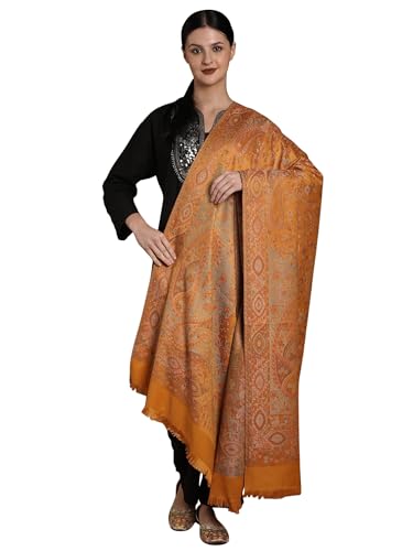 Exotic India Reversible Jamawar Shawl with Woven Paisleys - Wool - color: Golden Orange