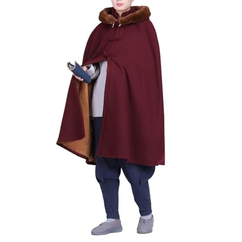 Unisex Meditation Hooded Cloak Winter Oversized Coat Double Layer Plush Poncho Cape One Size Length 100cm - color: Red