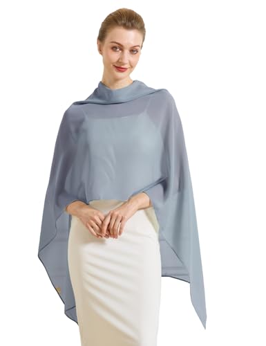 Chiffon Cape Shawl Wrap Scarf 3 Ways to Wear Elegant Sheer Capelet for Evening Dresses Weddings Parties - color: Dusty Blue