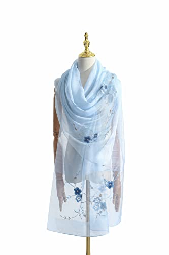 Women Silk & Wool Long and Large Scarf Shawl Wrap For Evening Dress - color: Flower Embroidery Light Blue