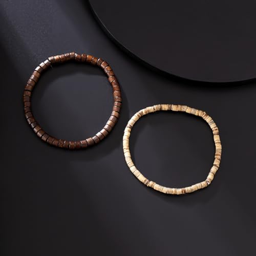 2Pcs Boho Wooden Beads Bracelets Set,Natural Stone Beaded Bracelet Set Bohemian Stackable Disc Beaded Stretch Bracelets for Men Women
