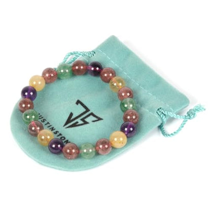 Justinstones Gem Semi Precious Gemstone 8mm Round Beads Stretch Bracelet 7 Inch Unisex - color: Multi-color Strawberry Quartz Amethyst