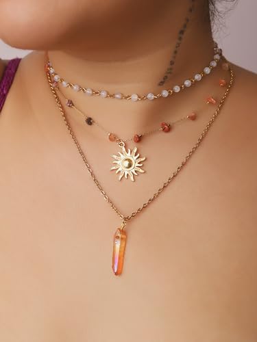 Sacina Layered Crystal Sun Necklace, Gothic Boho Hippie Summer Beach Necklace, Boho Hippie Jewelry, Christmas Jewelry Gift for Women - color: Gold