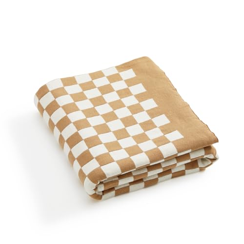 YIRUIO 100% Cotton Checkered Throw Blanket Lightweight Breathable Ultra-Thin Knit Weave for Bed Couch Sofa Soft Cozy Cooling for Spring Summer Khaki 51x63 inches