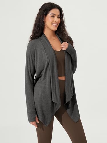 ODODOS Women's Drape Open Front Cardigans Cozy Soft Long Sleeve Casual Wrap Outerwear with Pockets Thumb Hole - color: Charcoal Heather, size: Small