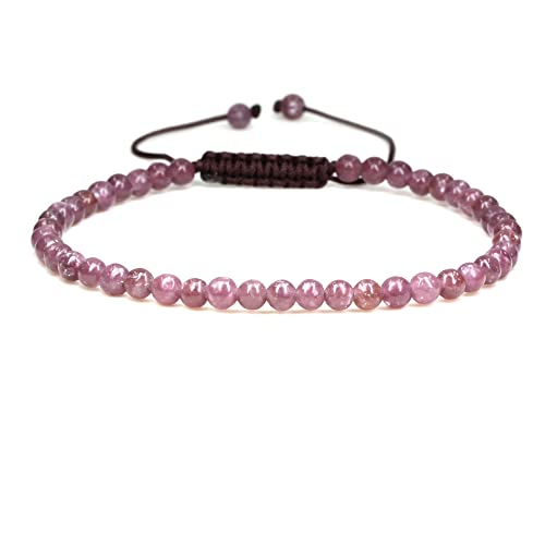 Keleny Natural Gemtones 4mm Round Beads Crystal Adjustable Braided Macrame Tassels Bracelets Unisex - color: Purple Lepidolite Lithium Mica