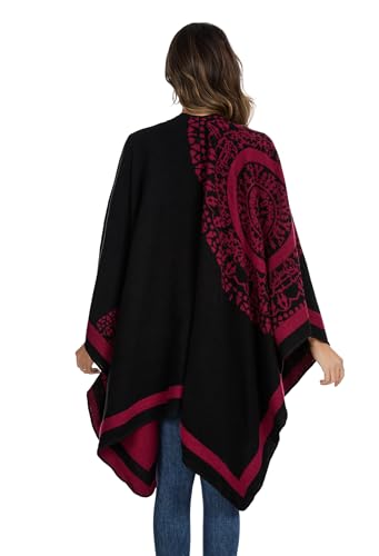 Shawl Wraps for Women, Elegant Knitted Cape Open Front Poncho Scarf Blanket Cardigan Coat for Spring, Autumn, and Winter - color: Black Red