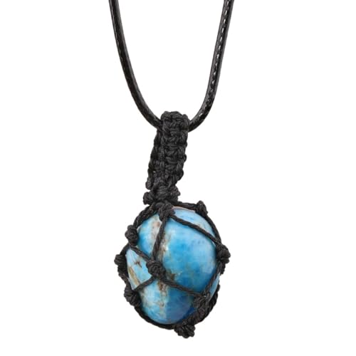 Crystal Tumbled Stone Pendant Necklace for Women Knotted Net Bag Leather Necklace Yoga Meditation Jewelry Gifts - color: Blue Turquoise