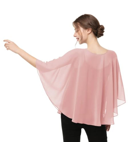 Capes for Womens Casual chiffon shawl Casual Chiffon Cape Sheer shawls and wraps Poncho Capelets Cover Up - color: Blush