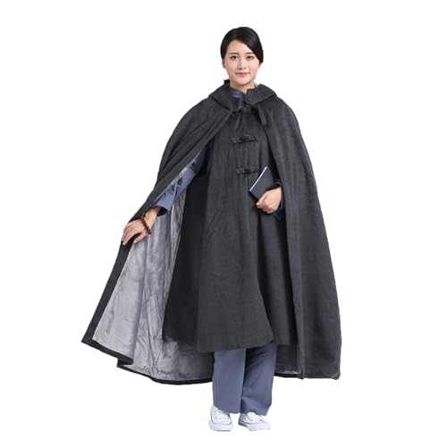 Meditation Buddhist Hooded Cloak Coat,Winter Thickened Plus Velvet Long Monk Monk Master Meditation Cloak Meditation - color: Gray, size: Large