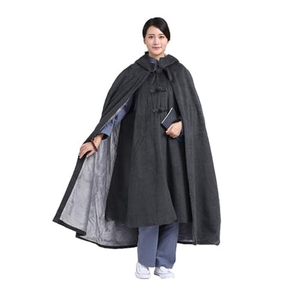 Meditation Buddhist Hooded Cloak Coat,Winter Thickened Plus Velvet Long Monk Monk Master Meditation Cloak Meditation - color: Gray, size: Large