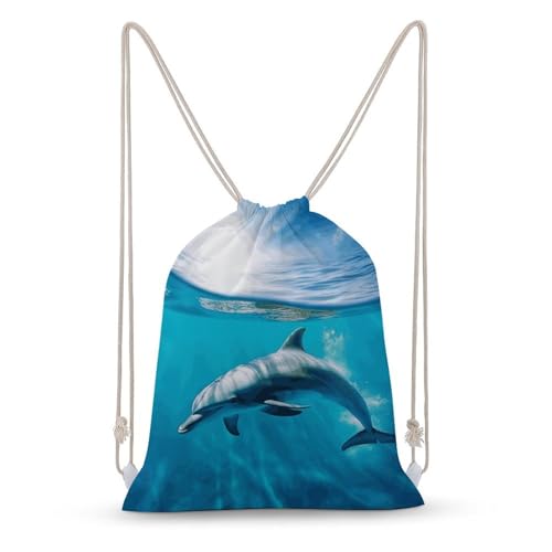 Swimming Dolphin in Blue Sea Drawstring Backpack Sport Gym Bags Yoga Shopping Travel Casual Daypacks for Women Men - color: Swimming Dolphin in Blue Sea