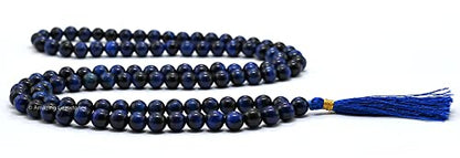 Amazing Gemstone Japa Mala 108 Prayer Beads Necklace and Wrist Mala Bracelet for Meditation - color: Blue Tiger Cats Eye, size: Without Knots