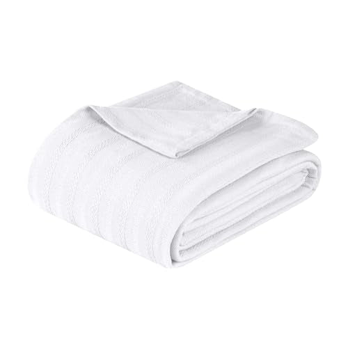Superior Clara Cotton Blanket, for Picnic, Beach, Traveling or Camping, Bedroom Decor, Essentials, Cover for Bed, Couch, Lounging, Textured Jacquard, Striped Woven Blanket, Full/Queen, White - color: White, size: Full/Queen