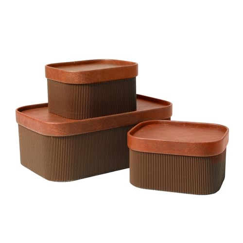 La Jolie Maison Fluted Cardboard Storage Baskets with Leather-Like Lids, Sturdy Stackable Paper Boxes Decorative Tray, Set of 3 Chestnut - color: Chestnut, style: Paper