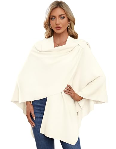 PULI Womens Large Cross Front Poncho Sweater Wrap Topper Knitted Elegant Shawls Cape for Fall Winter - color: 1-ivory