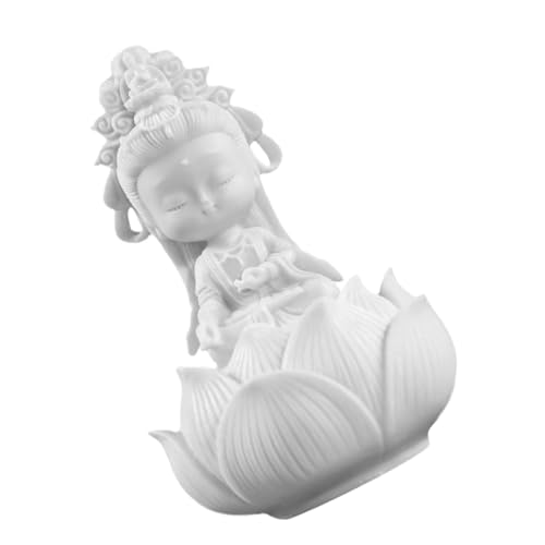 Resin Guanyin Buddha Statue White Floral Sculpture Indoor Desktop Decor Collectible Figurine Vintage Resin Craft for Meditation Zen Garden Home Accent