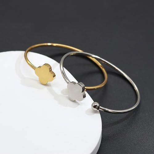Clover Bracelet Bangle for Women, Lucky Bracelet Friendship Bracelet Gold Clover Bracelets Open Bangle Jewelry Cuff Stainless Steel Bracelet Birthday Christmas Gifts for Women - color: Silver