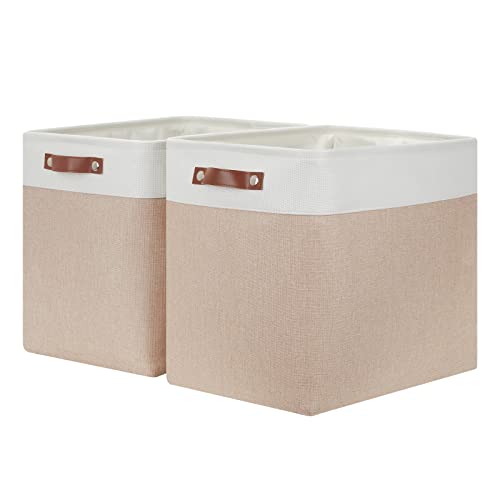 HNZIGE Large Fabric Storage Basket for Shelves, Rectangular Storage Bins Baskets for Storage, Canvas Collapsible Storage Bins with Handles for Organizing Home, Closet(White Beige) - color: white&khaki, size: 17*12*15 in-2 Pack