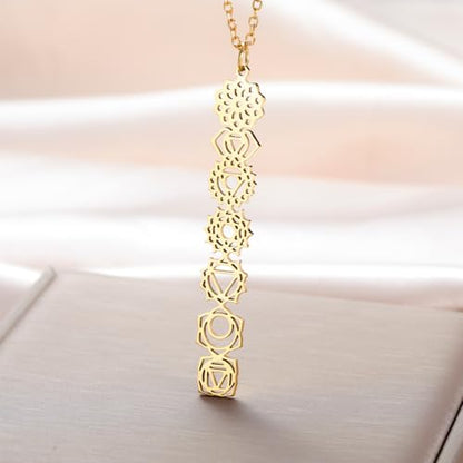Dreamtimes 7 Chakra Necklace for Women Stainless Steel Spiritual Healing Pendant Necklace for Meditation Yoga Lover for Christmas - color: Gold