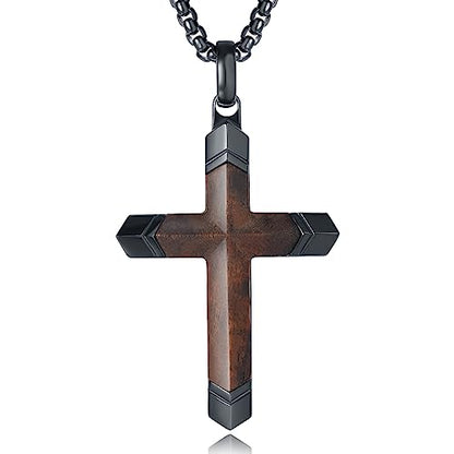 Wooden Cross Necklace for Men, Real Ebony Inset In Black Stainless Steel Christian Wood Crucifix Pendant, Adjustable Necklace 24+2" Box Chain - color: Ebony Cross Necklace