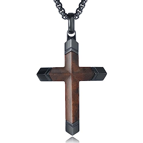 Wooden Cross Necklace for Men, Real Ebony Inset In Black Stainless Steel Christian Wood Crucifix Pendant, Adjustable Necklace 24+2" Box Chain - color: Ebony Cross Necklace