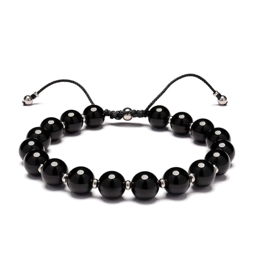 Men’s Beaded Bracelet Adjustable, Natural Texture Beads with Stainless Steel Spacers, Braided Cord, Minimal Everyday Bracelet for Men & Women - color: Glossy Black 8mm