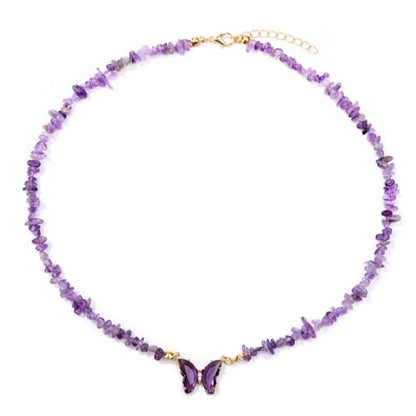 Bohemian Crystal Butterfly Necklaces Stress Relief Anxiety Yoga Pendant,Healing Natural Stone Mantra Choker for Women Teen Girls Friendship Birthday Mothers Day Gift Summer Beach Jewelry - color: Amethyst A