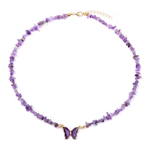 Bohemian Crystal Butterfly Necklaces Stress Relief Anxiety Yoga Pendant,Healing Natural Stone Mantra Choker for Women Teen Girls Friendship Birthday Mothers Day Gift Summer Beach Jewelry - color: Amethyst A