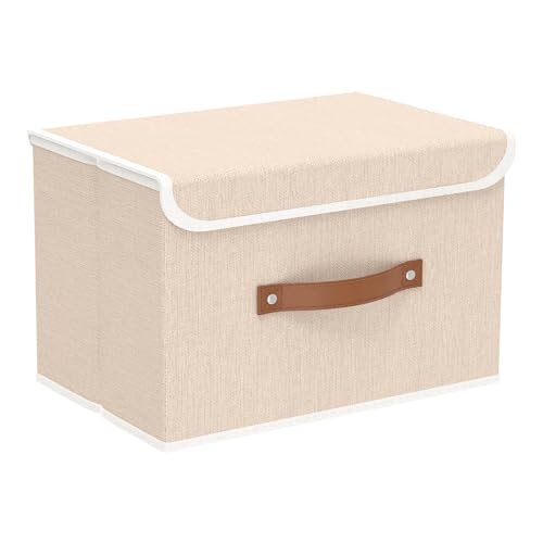 Yawinhe Collapsible Storage Boxes, Linen Fabric Baskets, Bin with lid and Leather Handle, Washable, for Home, Closet, Beige, 15.0''Lx9.8''Wx9.8''H, 1-Pack, USNK024BEL-1 - color: Beige, size: L/(1 Pack)