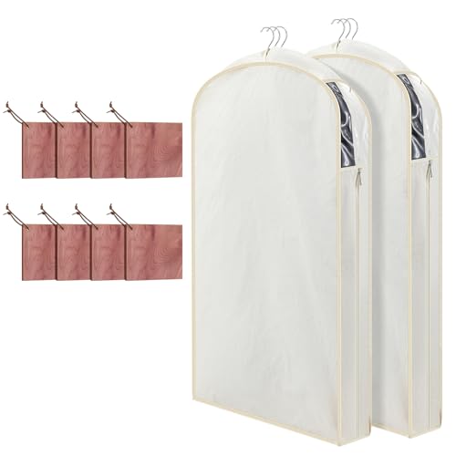 Briwooody 2 Sets 40 Inch Linen Fabric Bags for Hanging Clothes and Storage with Cedar Blocks for Fresh Smell and Moth Protection Sandpaper for Suit Fur Coat Jacket Sweater(Beige)