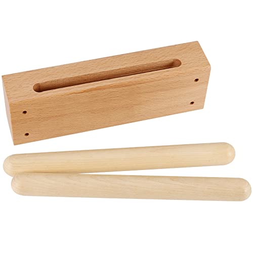 Set of 2 Wood Block Musical Instrument with Mallet Solid Hardwood Rhythm Blocks for Creating Loud and Resonant Tone