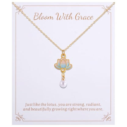 Lotus Flower Necklace for Women, Gold Chain with Lotus Pearl Pendant Meditation Yoga Relaxation Jewelry Gift - style: Blue-Lotus Gold