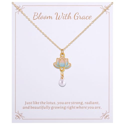 Lotus Flower Necklace for Women, Gold Chain with Lotus Pearl Pendant Meditation Yoga Relaxation Jewelry Gift - style: Blue-Lotus Gold