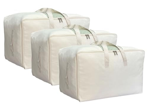Soft Large Canvas Comforter Storage Bags with Four Carrying Handles and Clear Window, Closet Organizer for Clothing, Blankets Sheets Pillows and Bedding, 80L, 3 Pack, Beige - color: Beige, size: 80L - 3 Pack