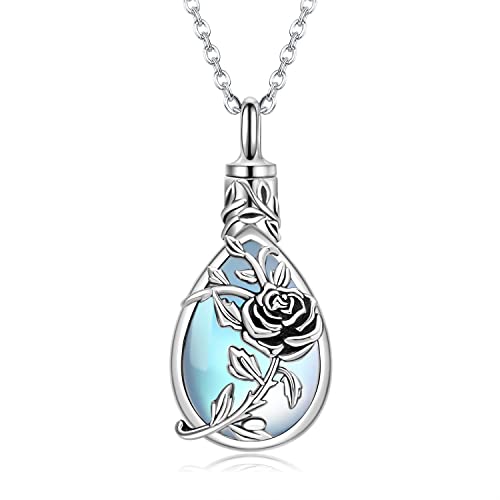 JUSTKIDSTOY Moonstone Urn Necklace for Ashes Sterling Silver Daisy/Rose/Tree Teardrop Pendant Necklace Cremation Jewelry Keepsake Memorial Gifts for Mother Grandma w/Funnel Filler - style: Rose
