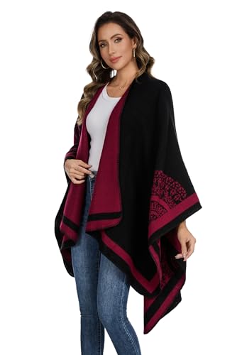 Shawl Wraps for Women, Elegant Knitted Cape Open Front Poncho Scarf Blanket Cardigan Coat for Spring, Autumn, and Winter - color: Black Red