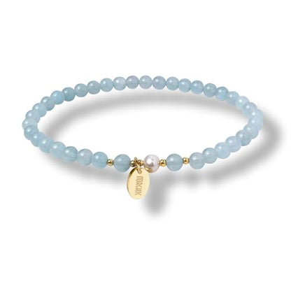4mm Natural Gemstone Beads Stretch Bracelet for Women, With Freshwater Pearls, Energy Gem Birthday Gift for Her 7.2” - color: Aquamarine