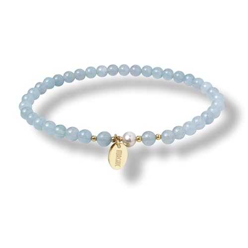 4mm Natural Gemstone Beads Stretch Bracelet for Women, With Freshwater Pearls, Energy Gem Birthday Gift for Her 7.2” - color: Aquamarine