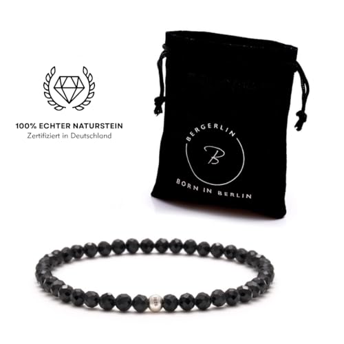 BERGERLIN Real natural stone bracelet - Tested and certified in Germany - Genuine bracelets with 925 Sterling silver pearl and faceted pearls - color: Onyx (agate color treated), size: X-Small