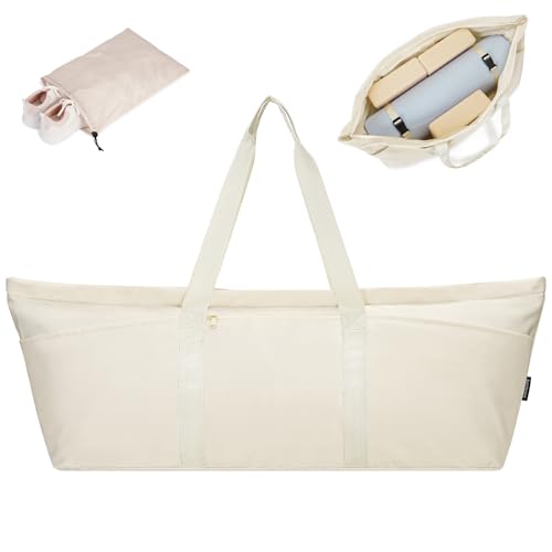 Large Yoga Mat Bag with Shoes Compartment and Wet Pocket Ladies Pilates Gym Tote Bag with Yoga Mat Holder Strap for Women Men Workout Carrier Stuff Accessories - color: Beige