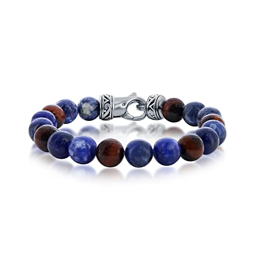 Black and Blue/Black and Gold/Black and Rose Gold Plated Stainless Steel 8.5’’ Men’s Link Solid Bracelet - style: Red Tiger Eye and Sodalite