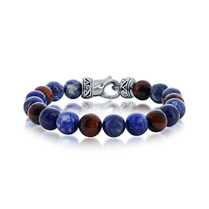 Black and Blue/Black and Gold/Black and Rose Gold Plated Stainless Steel 8.5’’ Men’s Link Solid Bracelet - style: Red Tiger Eye and Sodalite