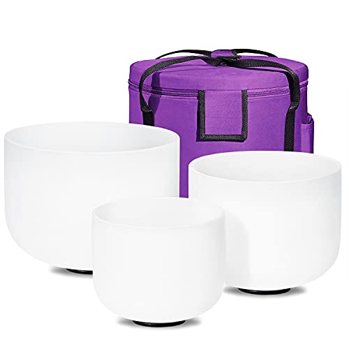 432HZ Sound Healing 8''-12'' Set of 3 Crystal Singing Bowls, Frosted Chakra Quartz Crystal Sound Bowl Set 8'' B Crown, 10'' E Solar Plexus, 12'' C Root with Carry Bags